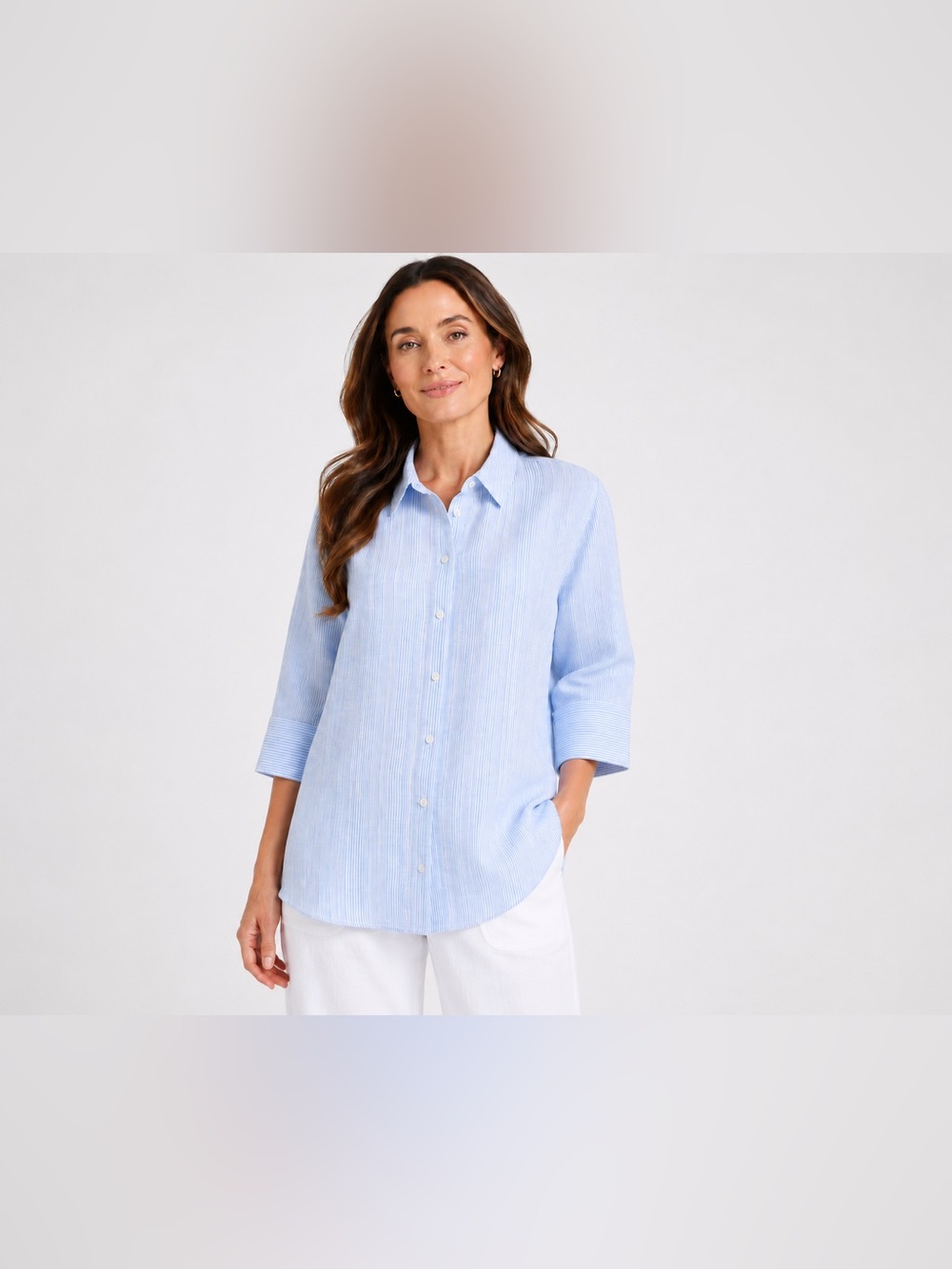 Chico’s Effortless Linen Blue White Stripe Button Up Shirt Women’s L